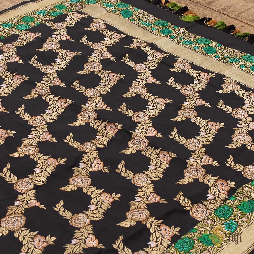 Black Pure Katan Silk Jangla Dupatta &amp; Green Pure Katan Silk Fabric