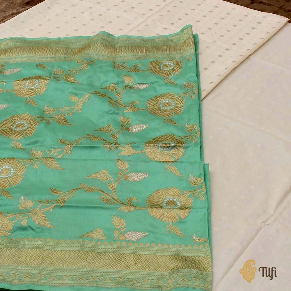 Aqua Green Pure Katan Silk Jangla Dupatta &amp; Off-White Pure Katan Silk Fabric