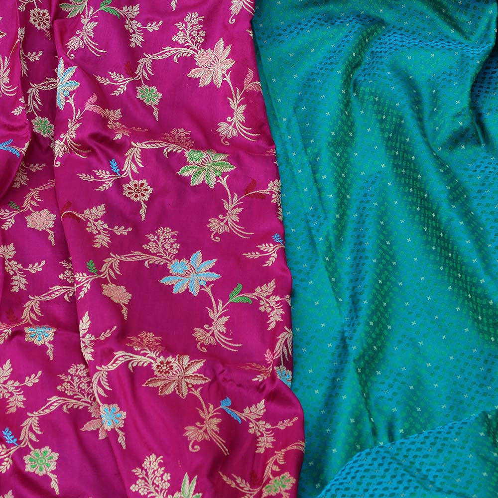 Rani Pink Pure Katan Silk Dupatta &amp; Teal Green Pure Soft Satin Silk Fabric