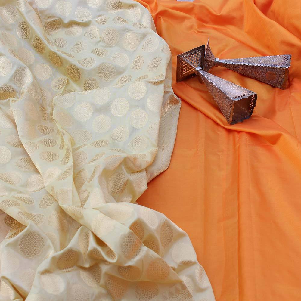 Cream Pure Katan Silk Dupatta &amp; Orange Pure Katan Silk Fabric