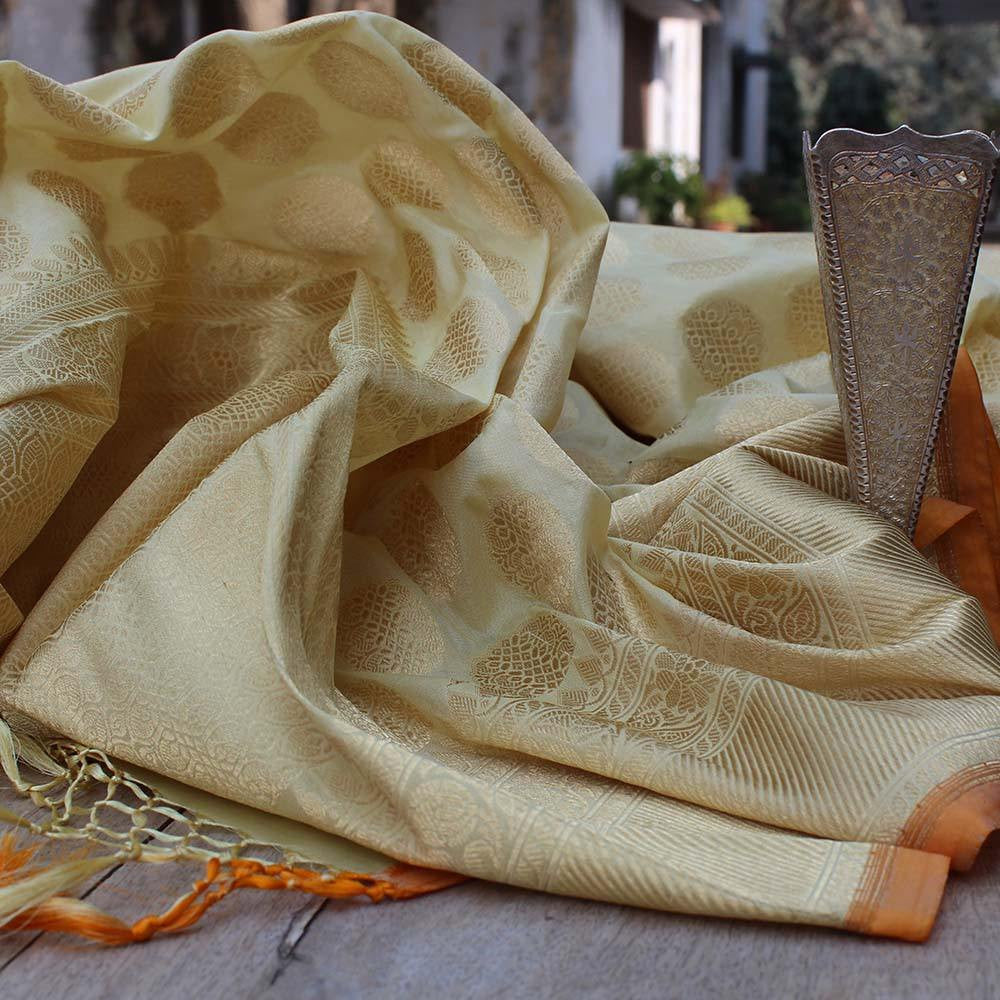 Cream Pure Katan Silk Dupatta &amp; Orange Pure Katan Silk Fabric