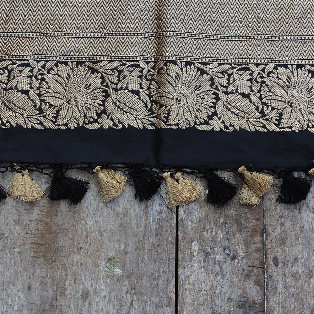 Black Pure Katan Silk Dupatta &amp; Beige Pure Silk Georgette Fabric
