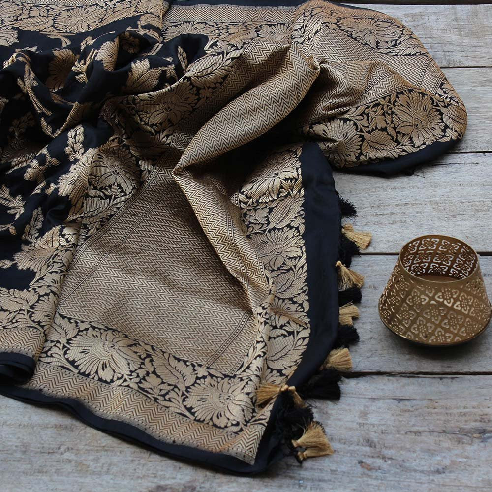 Black Pure Katan Silk Dupatta &amp; Beige Pure Silk Georgette Fabric