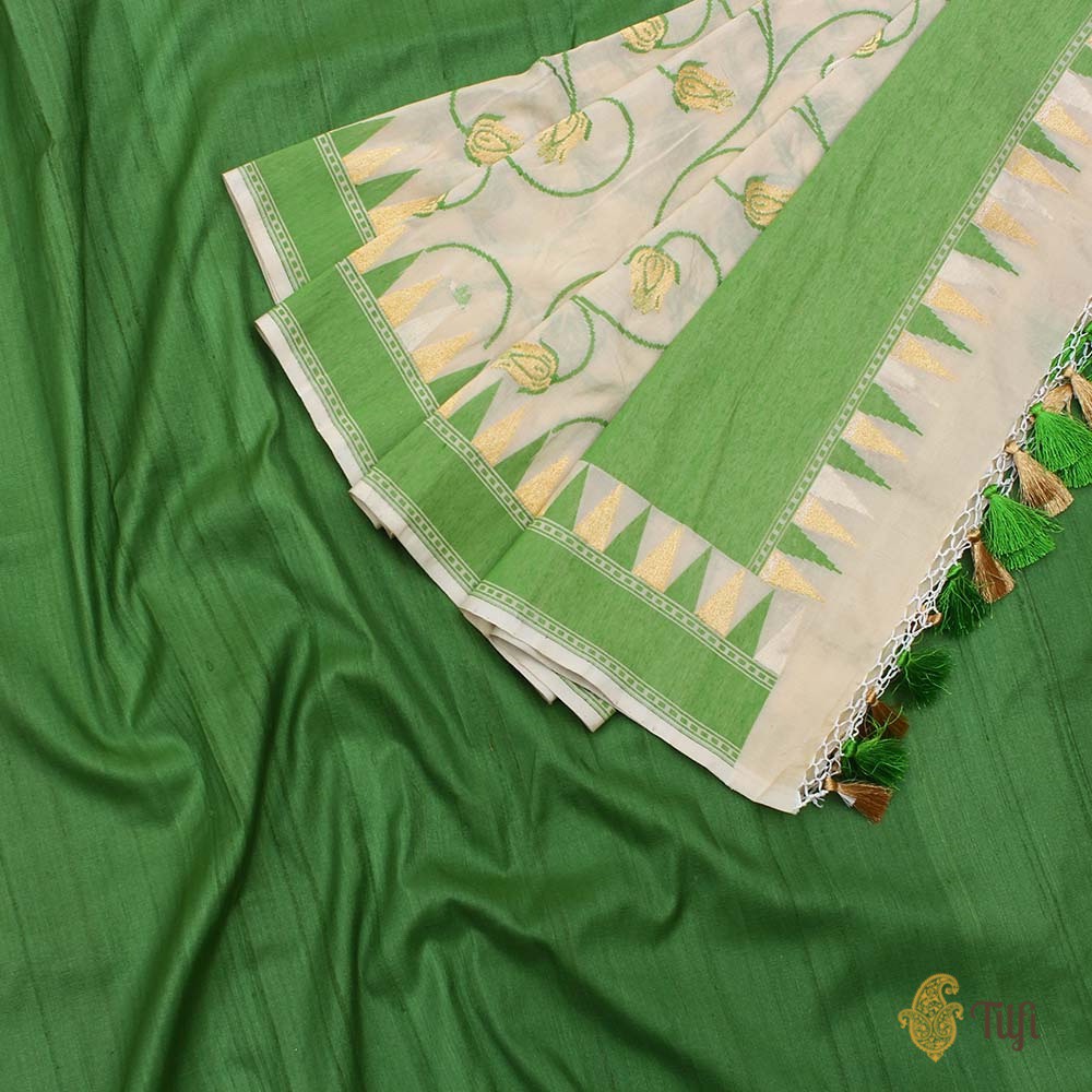 Off-White Pure Silk Georgette Dupatta &amp; Green Pure Tussar Silk Fabric Set