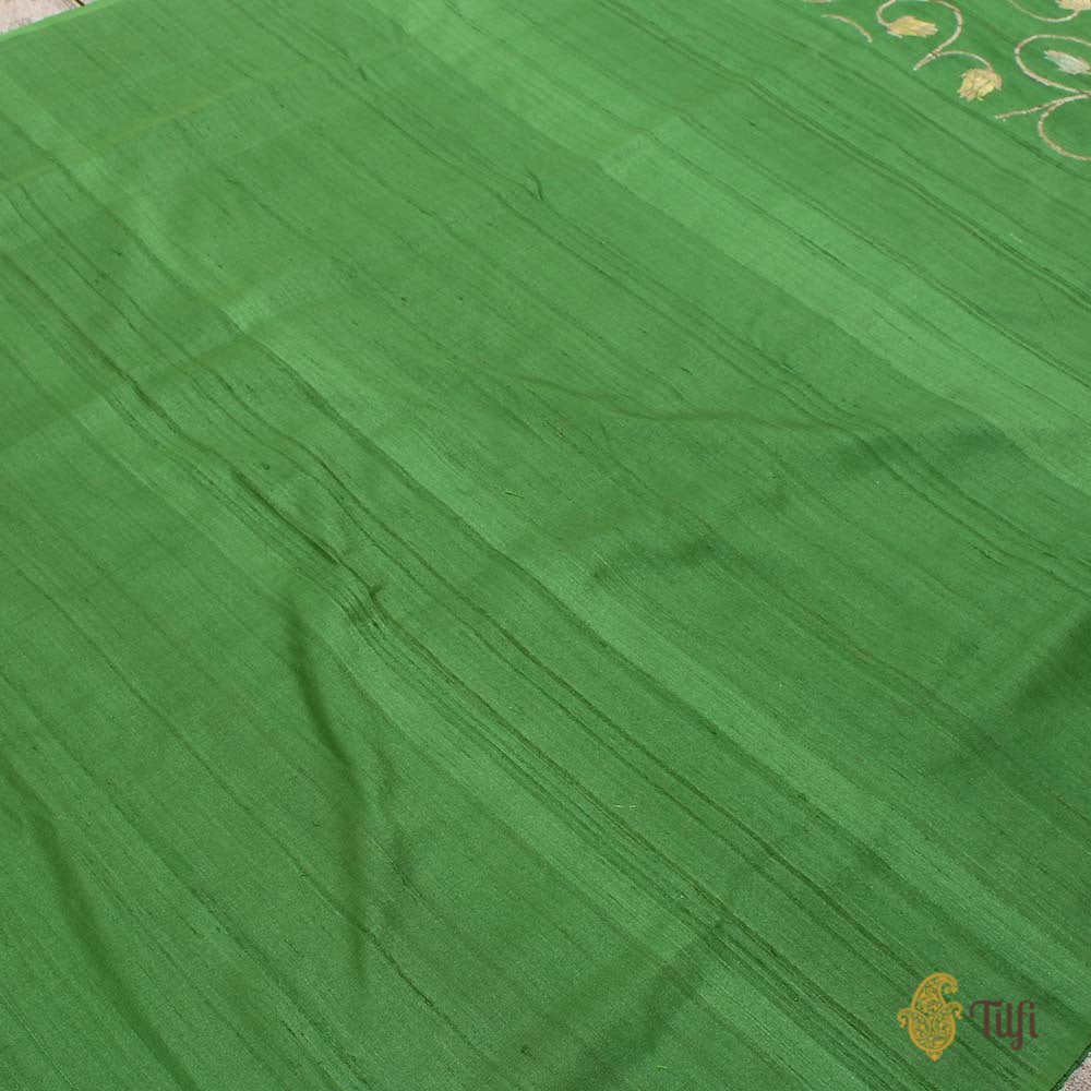 Off-White Pure Silk Georgette Dupatta &amp; Green Pure Tussar Silk Fabric Set