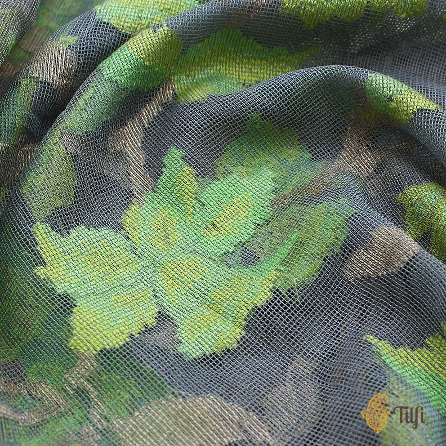 Green Pure Kora Net Dupatta &amp; Grey-Green Pure Kora Net Fabric Set