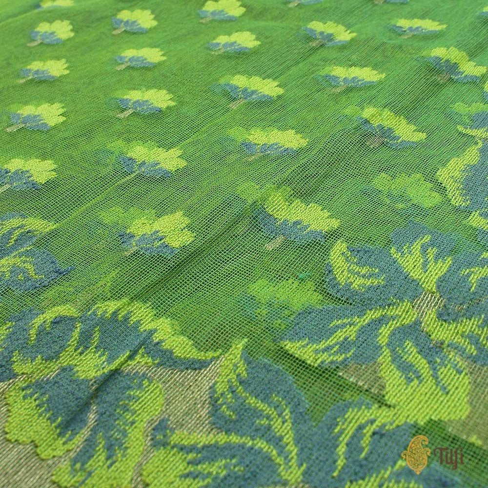 Green Pure Kora Net Dupatta &amp; Grey-Green Pure Kora Net Fabric Set