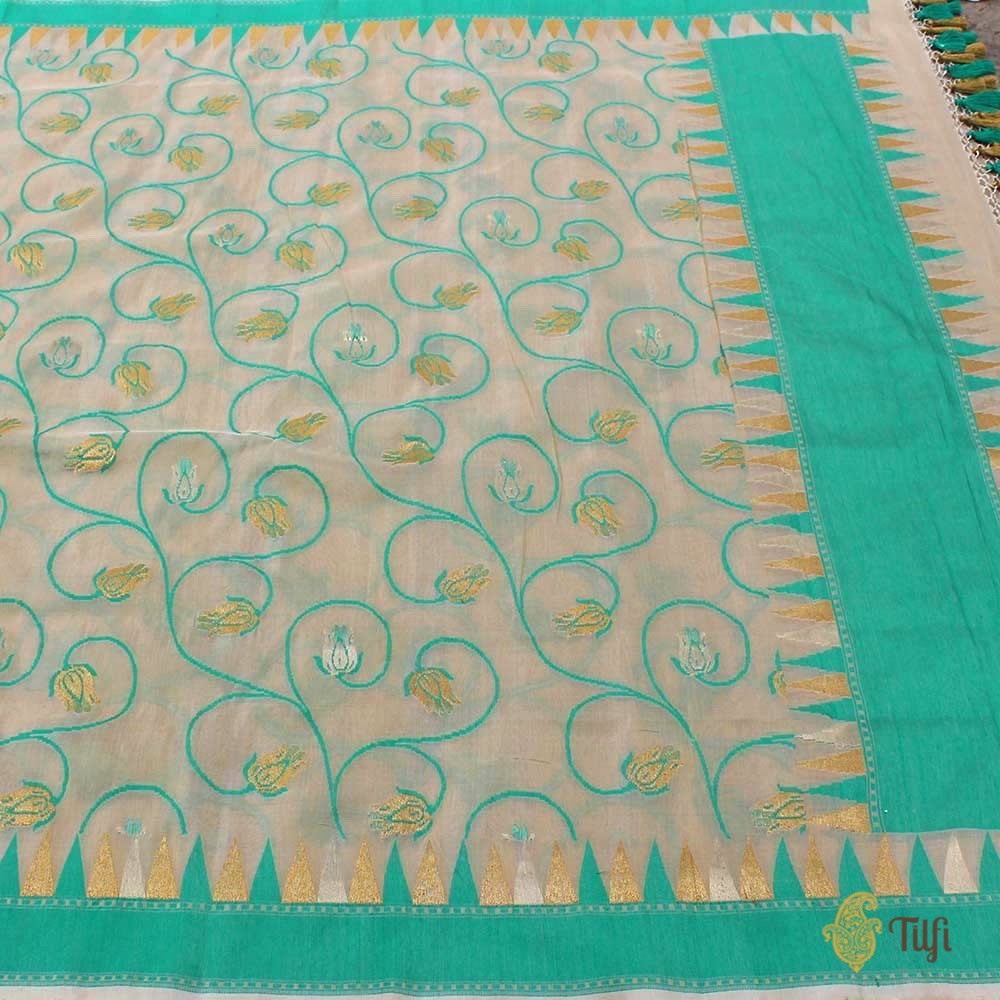 Off-White Pure Silk Georgette Dupatta &amp; Aqua Green Pure Tussar Silk Fabric Set