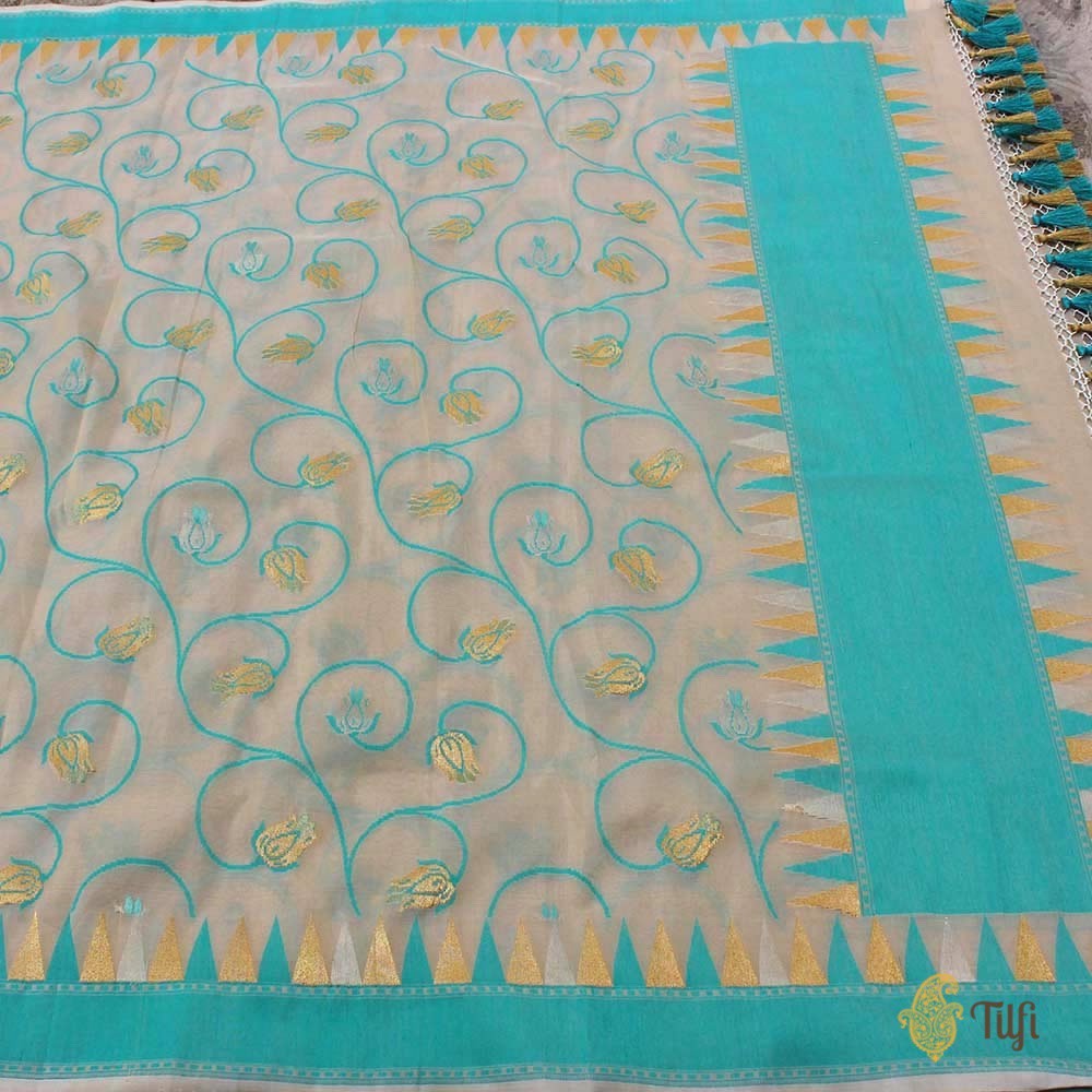 Off-White Pure Silk Georgette Dupatta &amp; Turquoise Blue Pure Tussar Silk Fabric Set