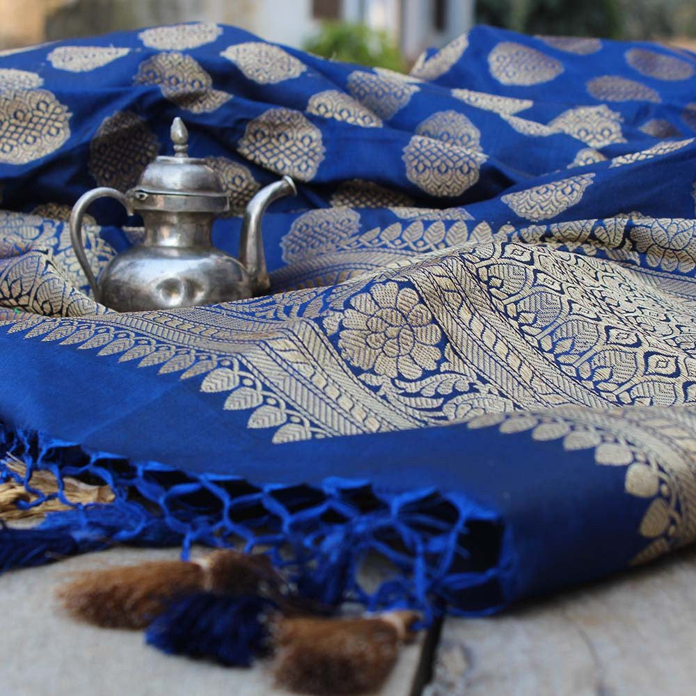Navy Blue Pure Katan Silk Dupatta &amp; Rani Pink Pure Soft Satin Silk Fabric