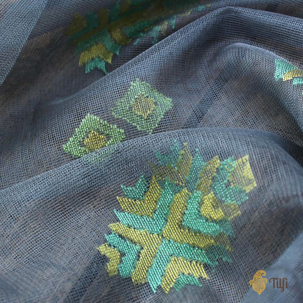 Grey Pure Kora Silk Net Dupatta &amp; Turquoise Pure Kora Silk Net Fabric Set
