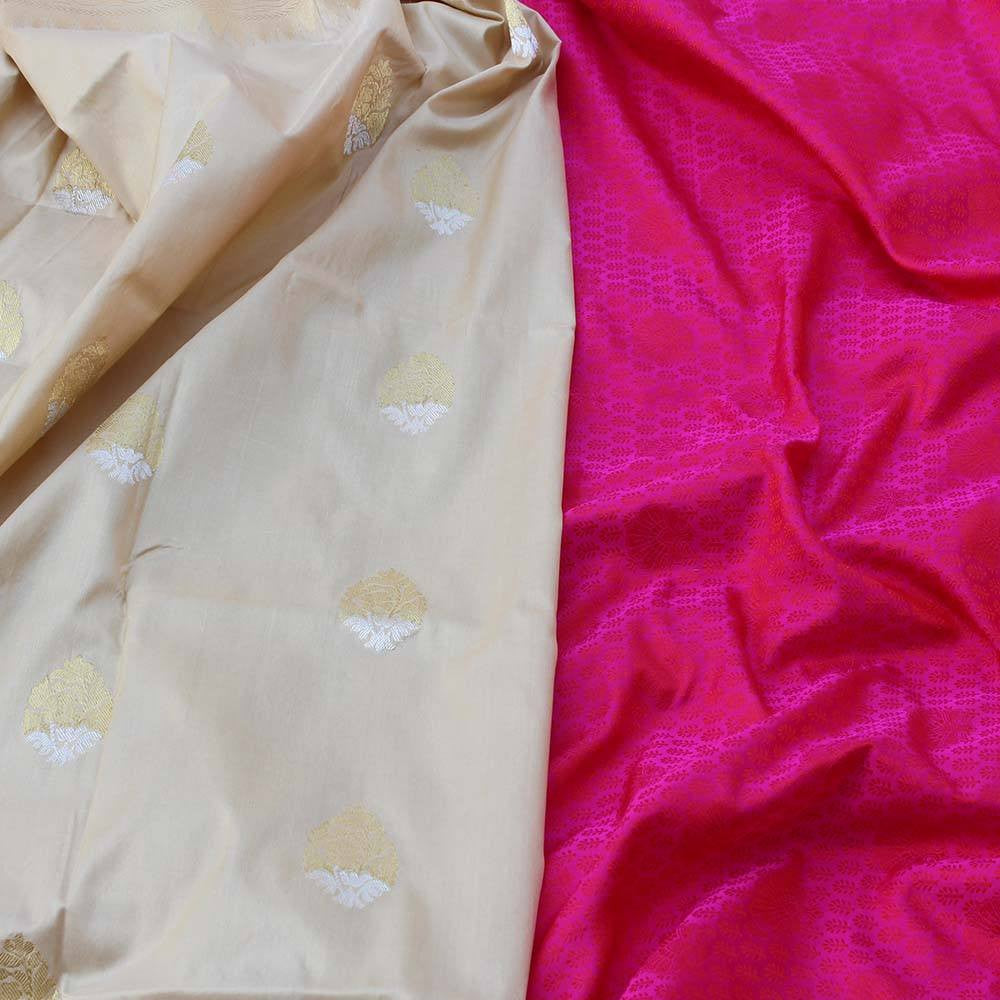 Cream Pure Katan Silk Dupatta &amp; Rani Pink Pure Soft Satin Silk Fabric