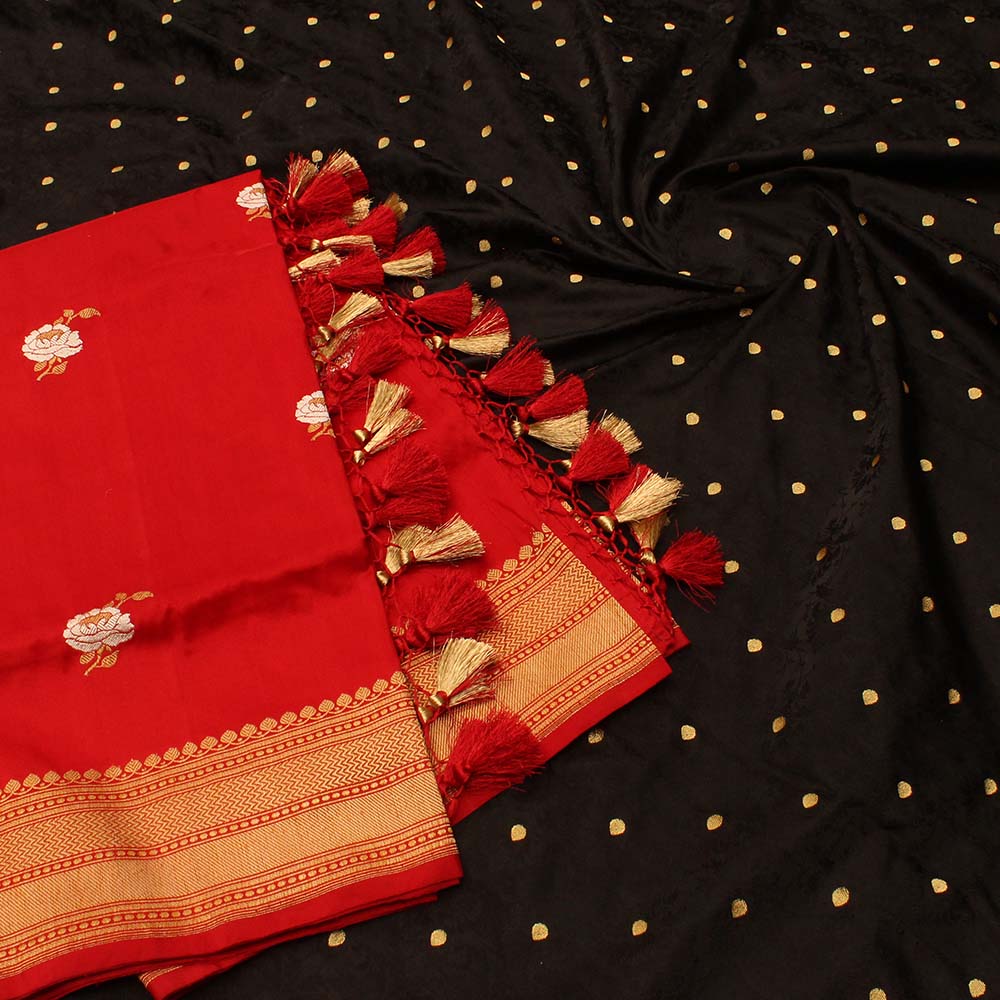 Red Pure Katan Silk Dupatta &amp; Black Pure Katan Silk Tanchoi Fabric Set