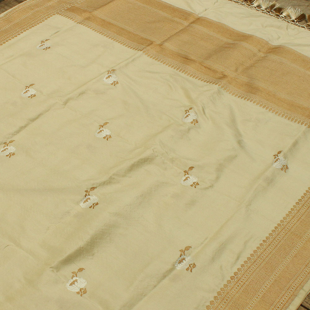 Cream Pure Katan Silk Dupatta &amp; Black Pure Katan Silk Tanchoi Fabric Set