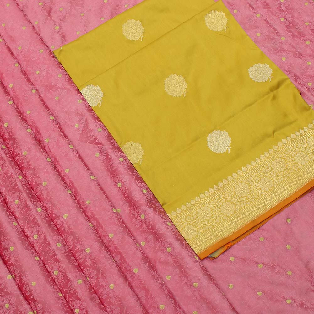 Mustard Pure Katan Silk Dupatta &amp; Taffy Pink Pure Katan Silk Tanchoi Fabric Set