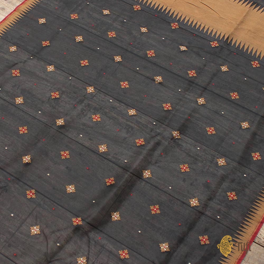 Black Pure Kora Silk by Cotton Dupatta &amp; Fabric Set