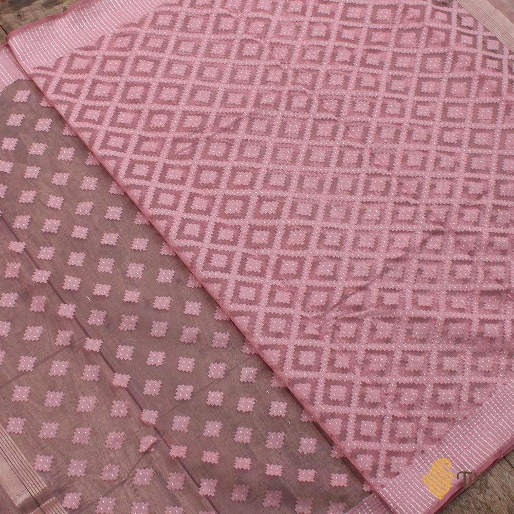 Light Old Rose Pink Pure Kora Silk Net Dupatta &amp; Fabric Set