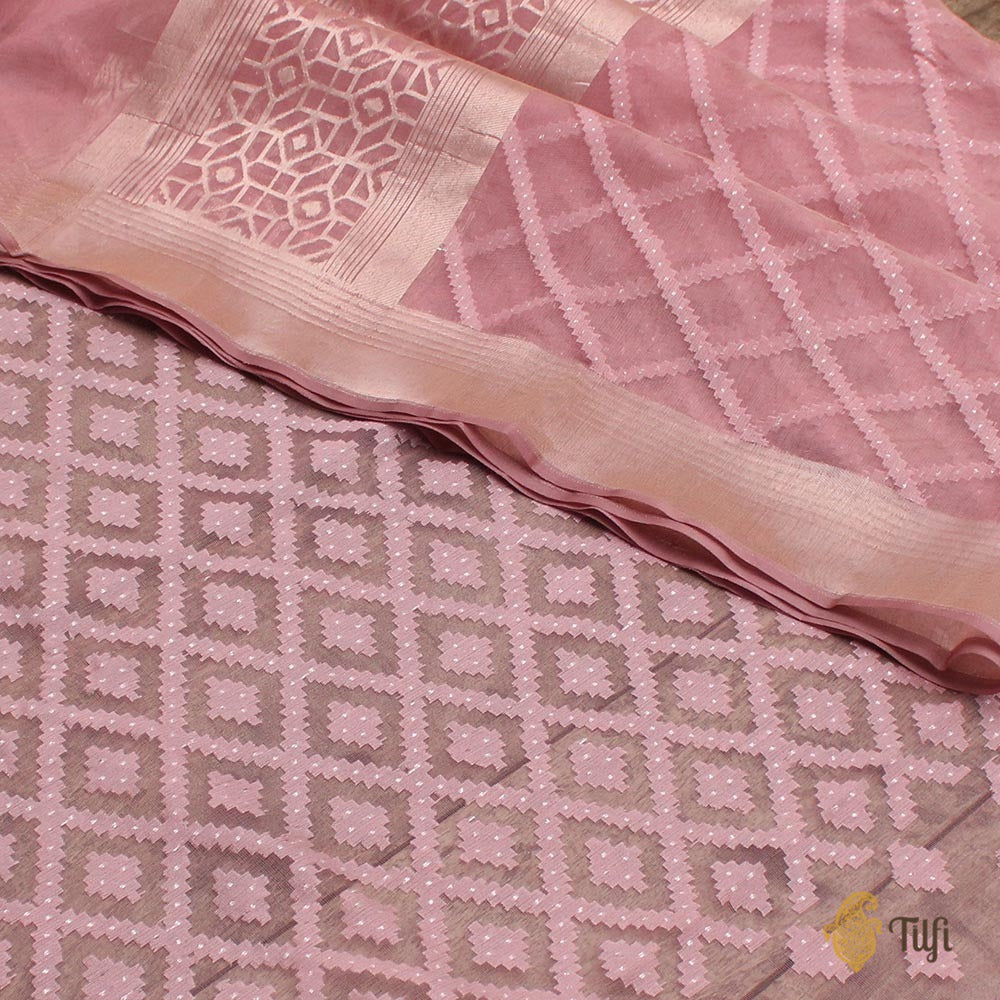 Light Old Rose Pink Pure Kora Silk Net Dupatta &amp; Fabric Set