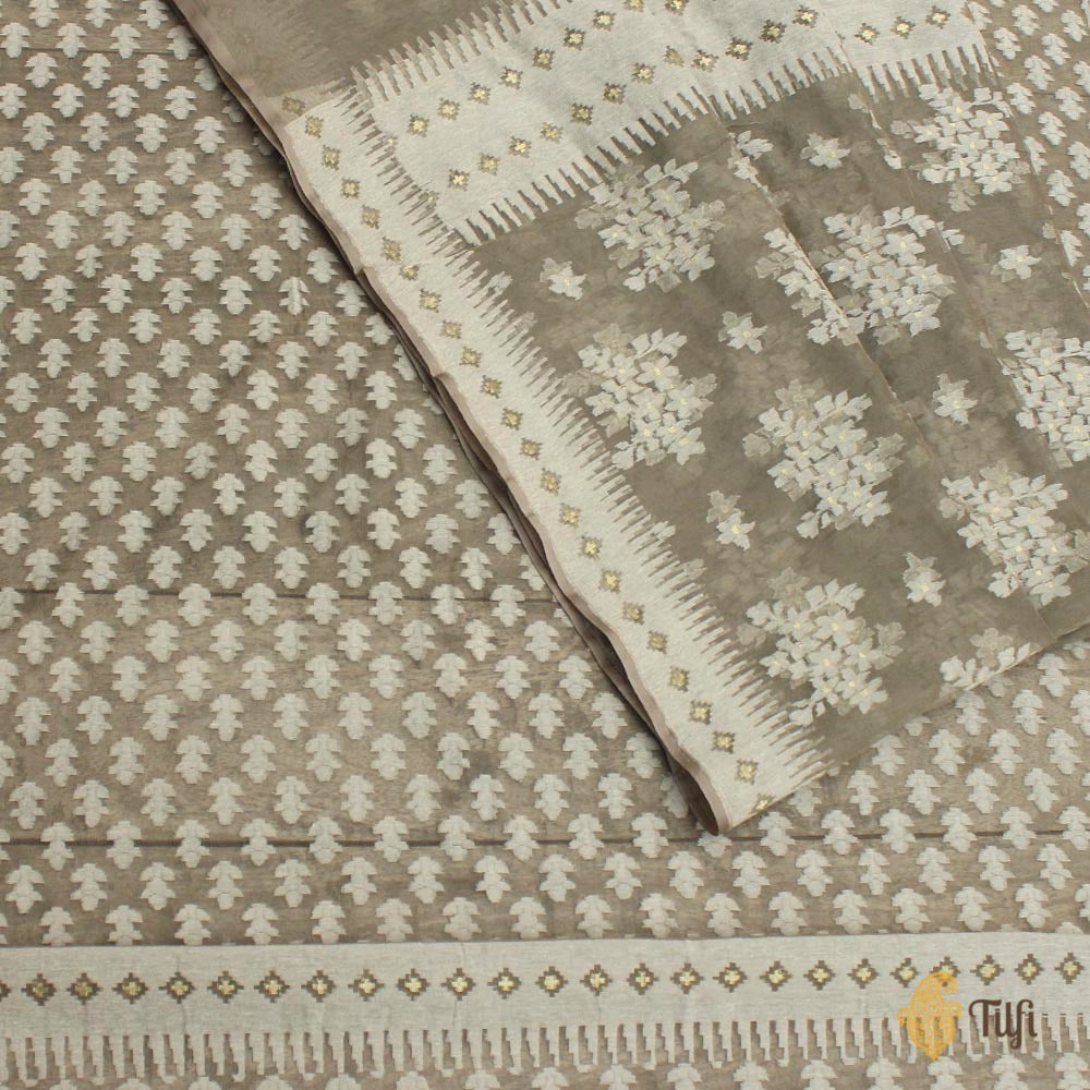 Dark Grey Pure Kora Silk Net Dupatta &amp; Fabric Set