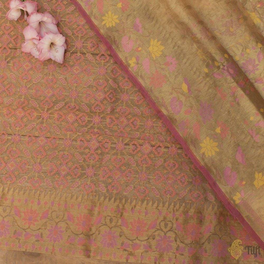 Gold Pure Kora Silk Tissue Net Dupatta &amp; Apricot Pure Kora Silk Net Fabric Set