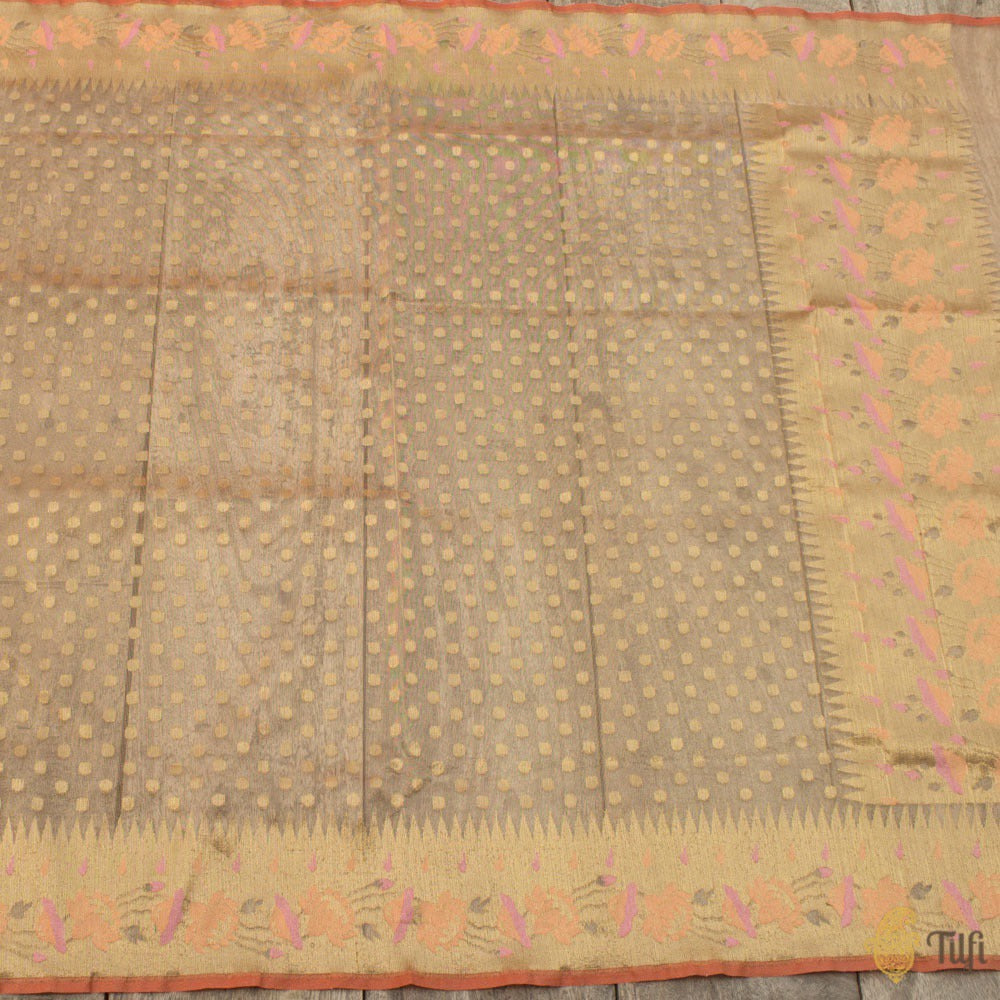 Gold Pure Kora Silk Tissue Net Dupatta &amp; Peach Pure Kora Silk Net Fabric Set