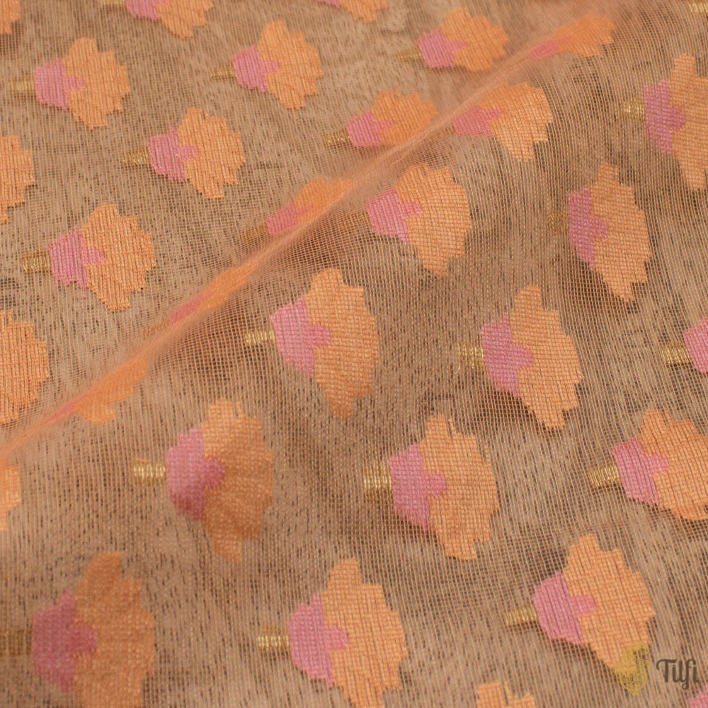 Gold Pure Kora Silk Tissue Net Dupatta &amp; Peach Pure Kora Silk Net Fabric Set