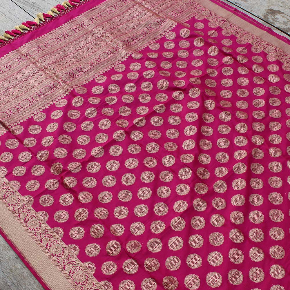 Rani Pink Pure Katan Silk Dupatta &amp; Beige Pure Soft Satin Silk Fabric