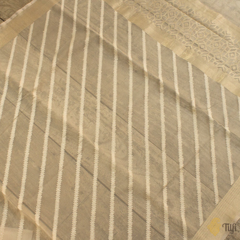Beige-Grey Pure Kora Silk Net Dupatta &amp; Fabric Set