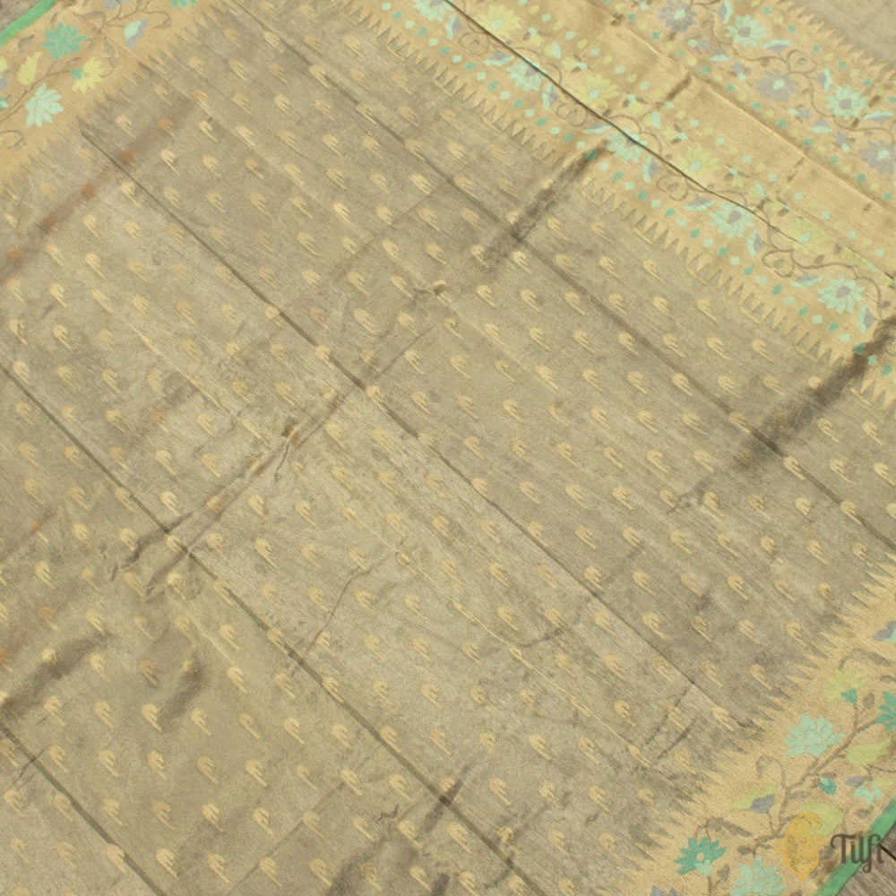 Gold Pure Kora Silk Tissue Net Dupatta &amp; Aqua Green Pure Kora Silk Net Fabric Set