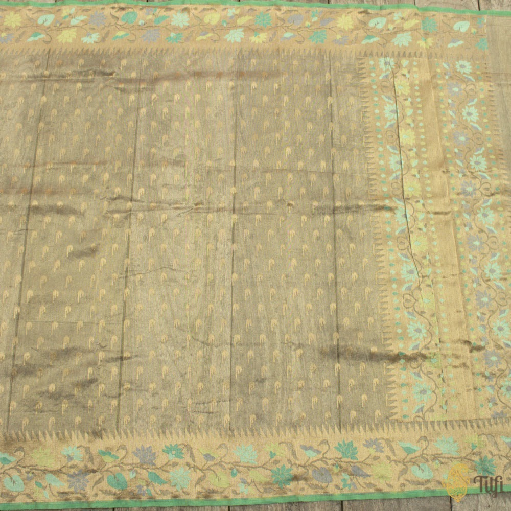 Gold Pure Kora Silk Tissue Net Dupatta &amp; Aqua Green Pure Kora Silk Net Fabric Set