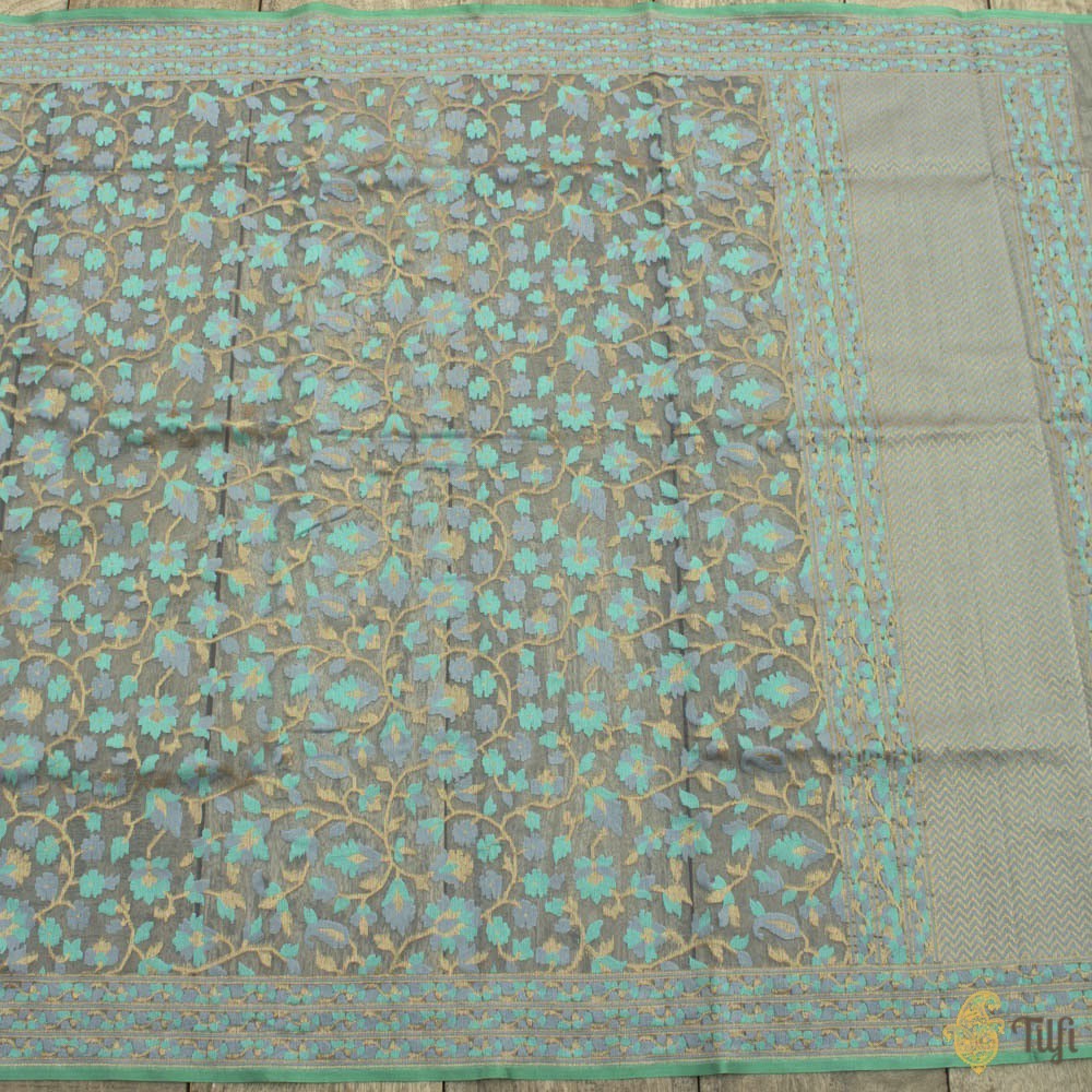 Blue-Grey Pure Kora Silk Net Dupatta &amp; Fabric Set