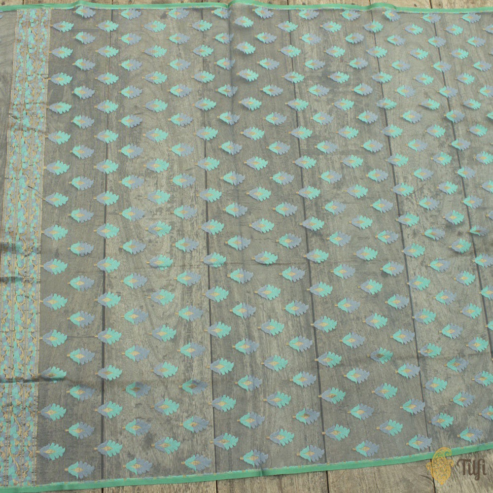 Blue-Grey Pure Kora Silk Net Dupatta &amp; Fabric Set