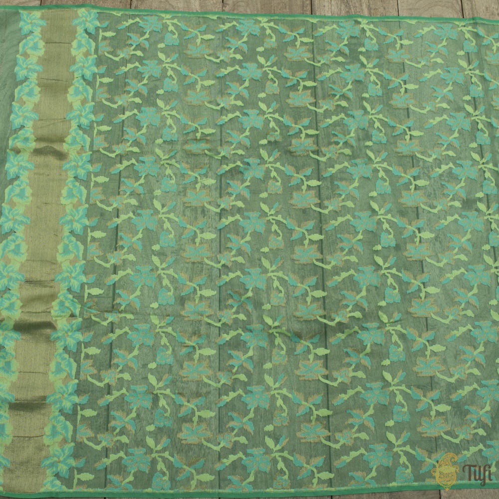 Blue-Grey Pure Kora Silk Net Dupatta &amp; Sea Green Pure Kora Silk Net Fabric Set
