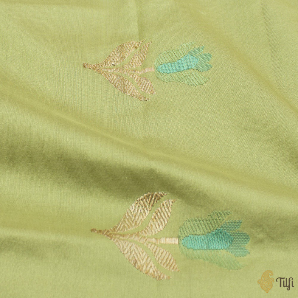 Green Pure Silk Georgette Dupatta &amp; Sage Green Pure Katan Silk Handloom Suit Set