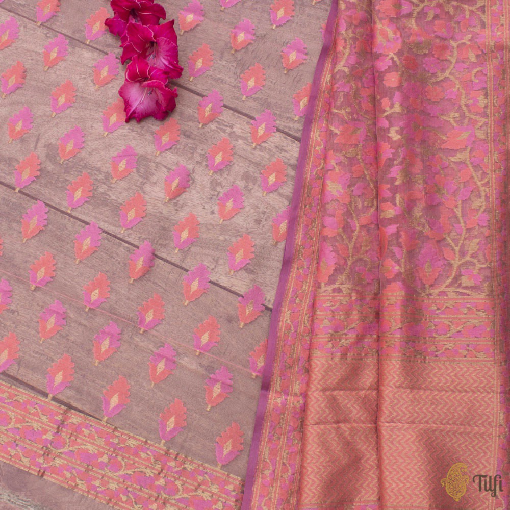 Pink Pure Kora Silk Net Dupatta &amp; Fabric Set