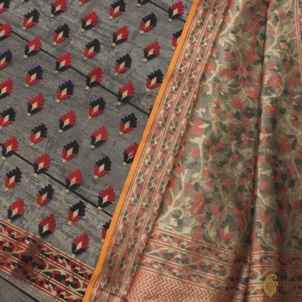 Gold Pure Kora Silk Tissue Net Dupatta &amp; Black Pure Kora Silk Net Fabric Set