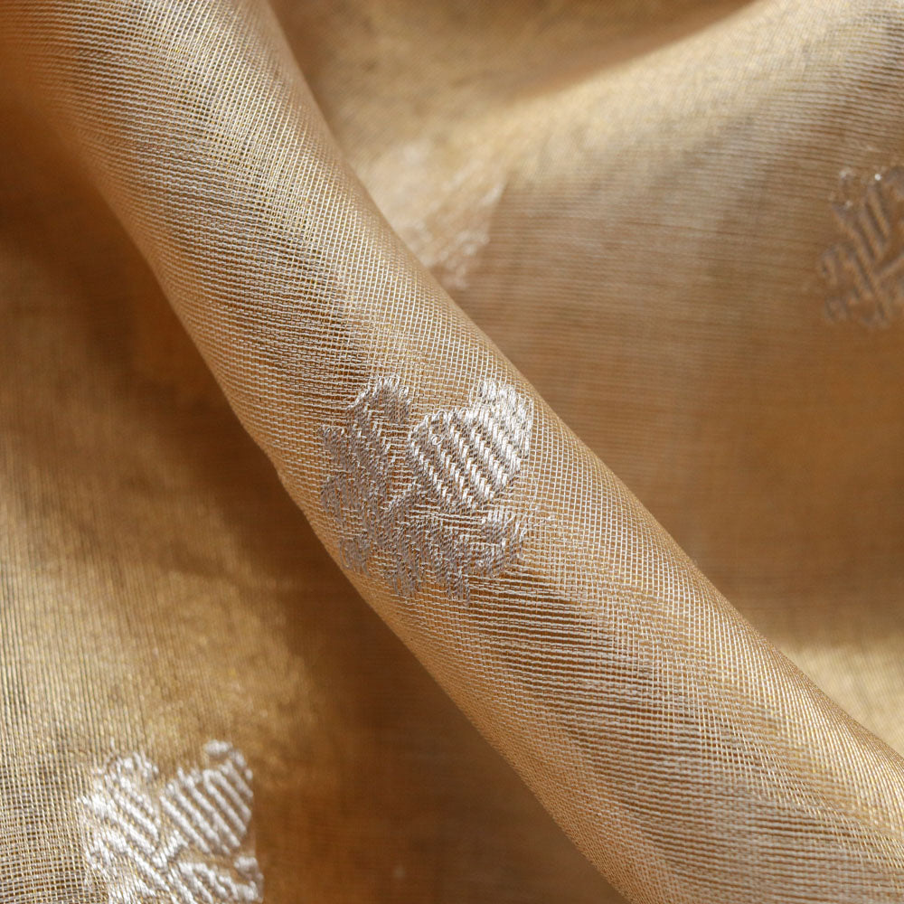 Light Gold Pure Kora Silk Tissue Dupatta &amp; Green Pure Kora Katan Silk Fabric Suit Set