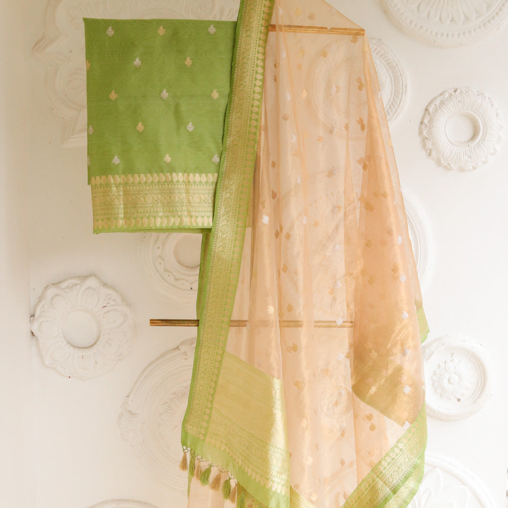 Light Gold Pure Kora Silk Tissue Dupatta &amp; Green Pure Kora Katan Silk Fabric Suit Set