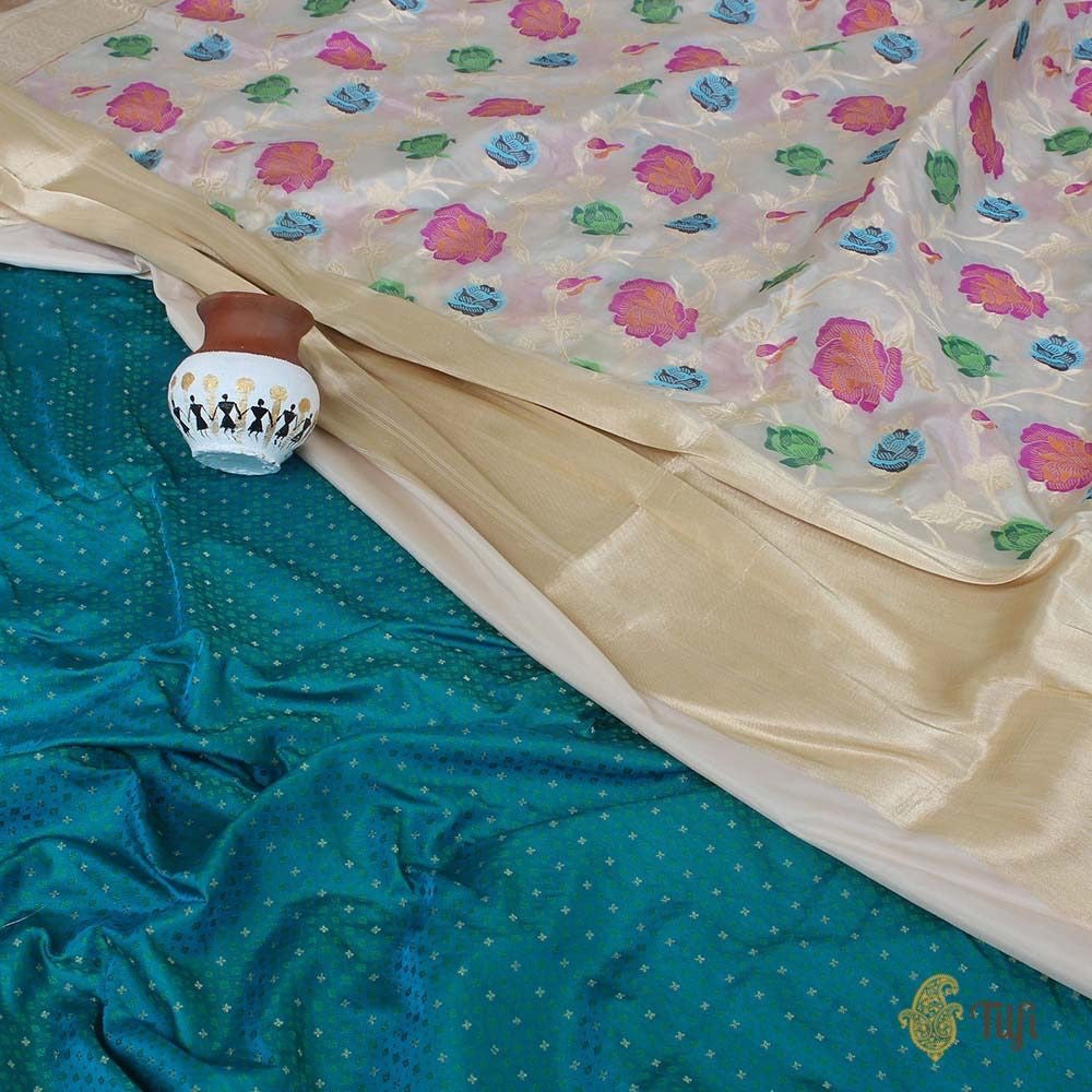 Off-White Pure Katan Silk Dupatta &amp; Turquoise Blue Pure Soft Satin Silk Fabric