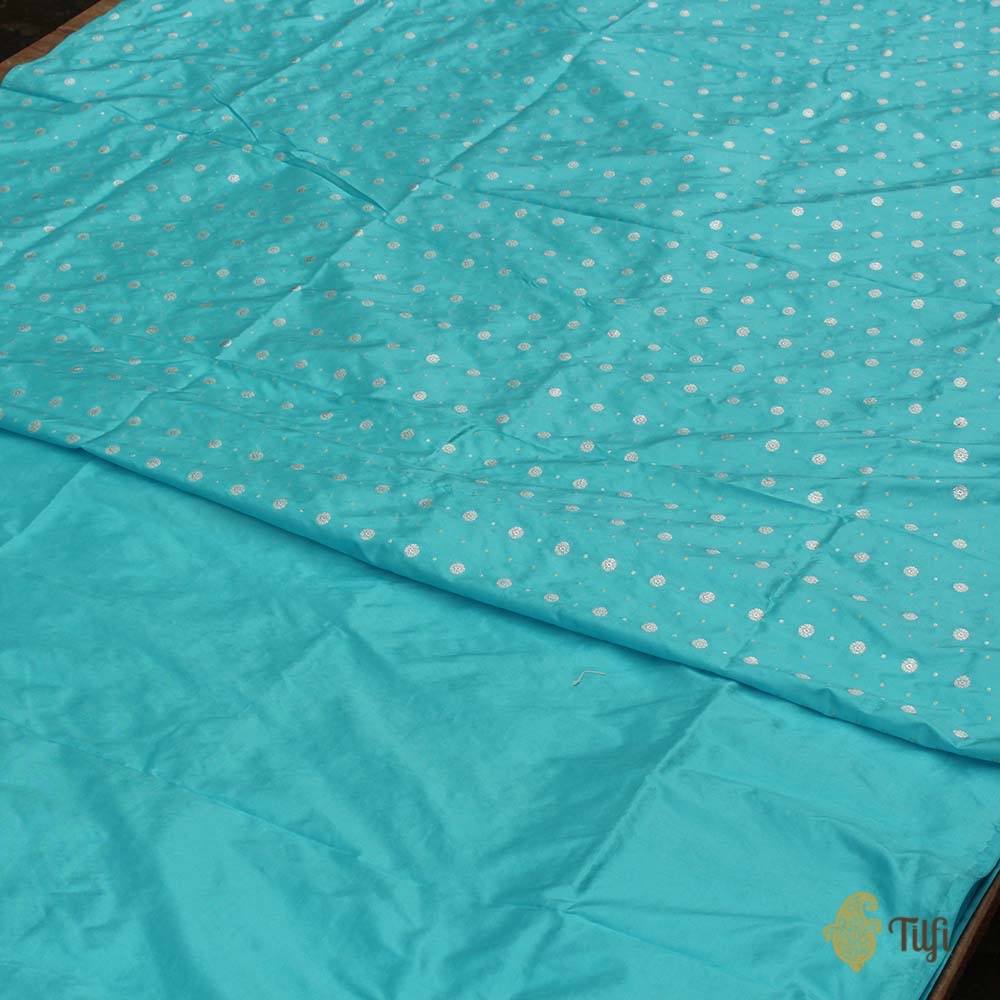 Off-White Pure Katan Silk Dupatta &amp; Ferozi Blue Pure Katan Silk Fabric