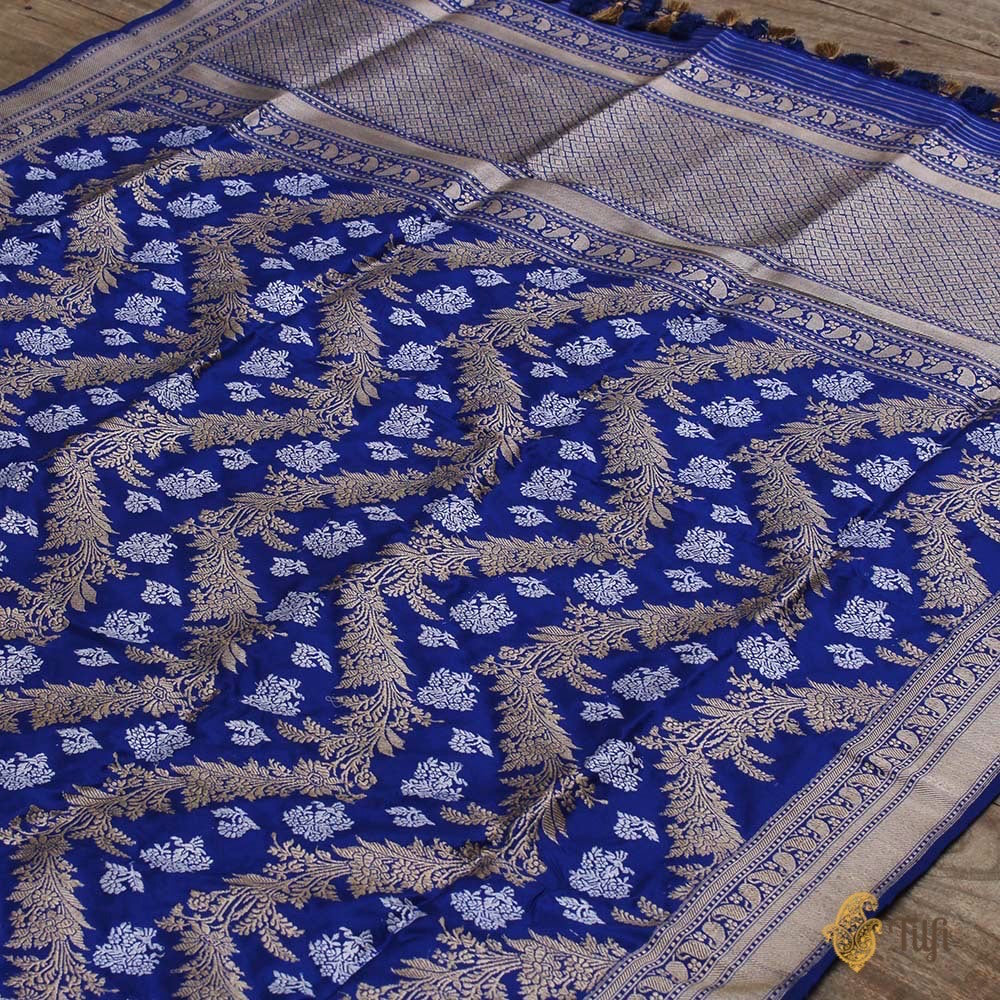 Royal Blue Pure Katan Silk Dupatta &amp; Beige Pure Crepe Silk Brocade Fabric