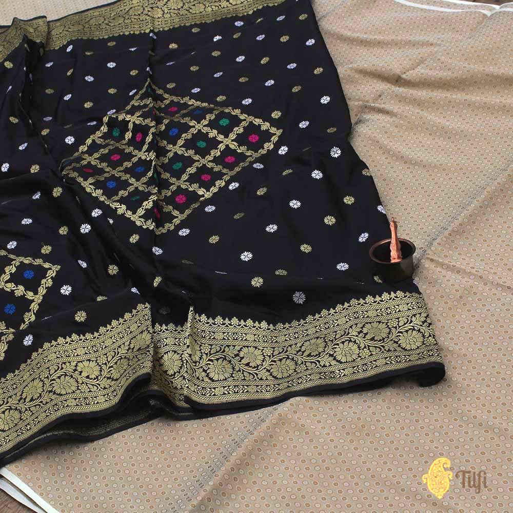 Black Pure Katan Silk Dupatta &amp; Beige Pure Crepe Silk Brocade Fabric