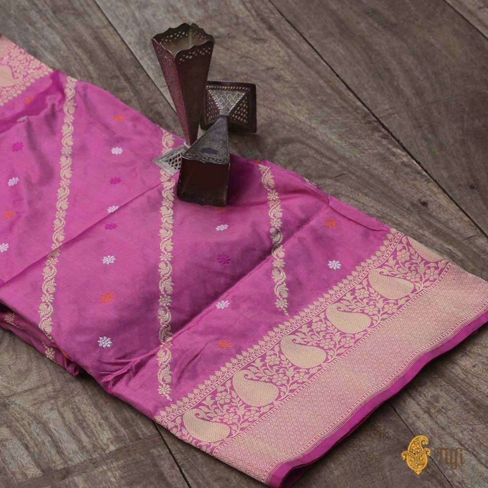 Gajri Pink Pure Katan Silk Dupatta &amp; Beige Pure Crepe Silk Brocade Fabric
