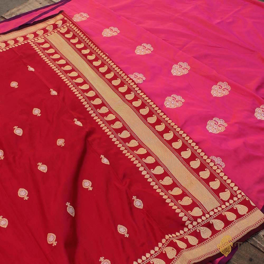 Red Pure Katan Silk Dupatta &amp; Orange-Gulabi Pink Pure Katan Silk Fabric