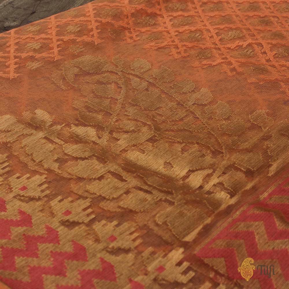 Orange Pure Kora Net Dupatta &amp; Grey Pure Dupion Silk Net Fabric Set
