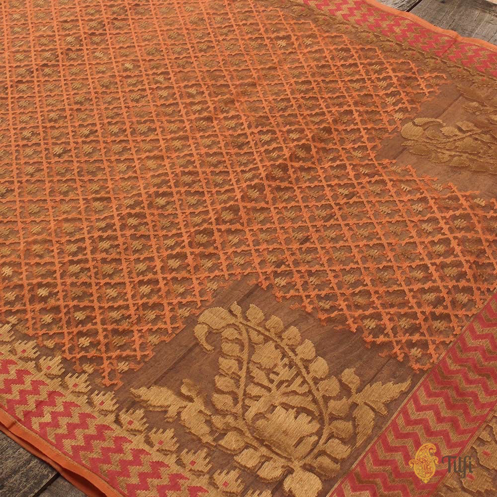 Orange Pure Kora Net Dupatta &amp; Punch Pink Pure Dupion Silk Net Fabric Set