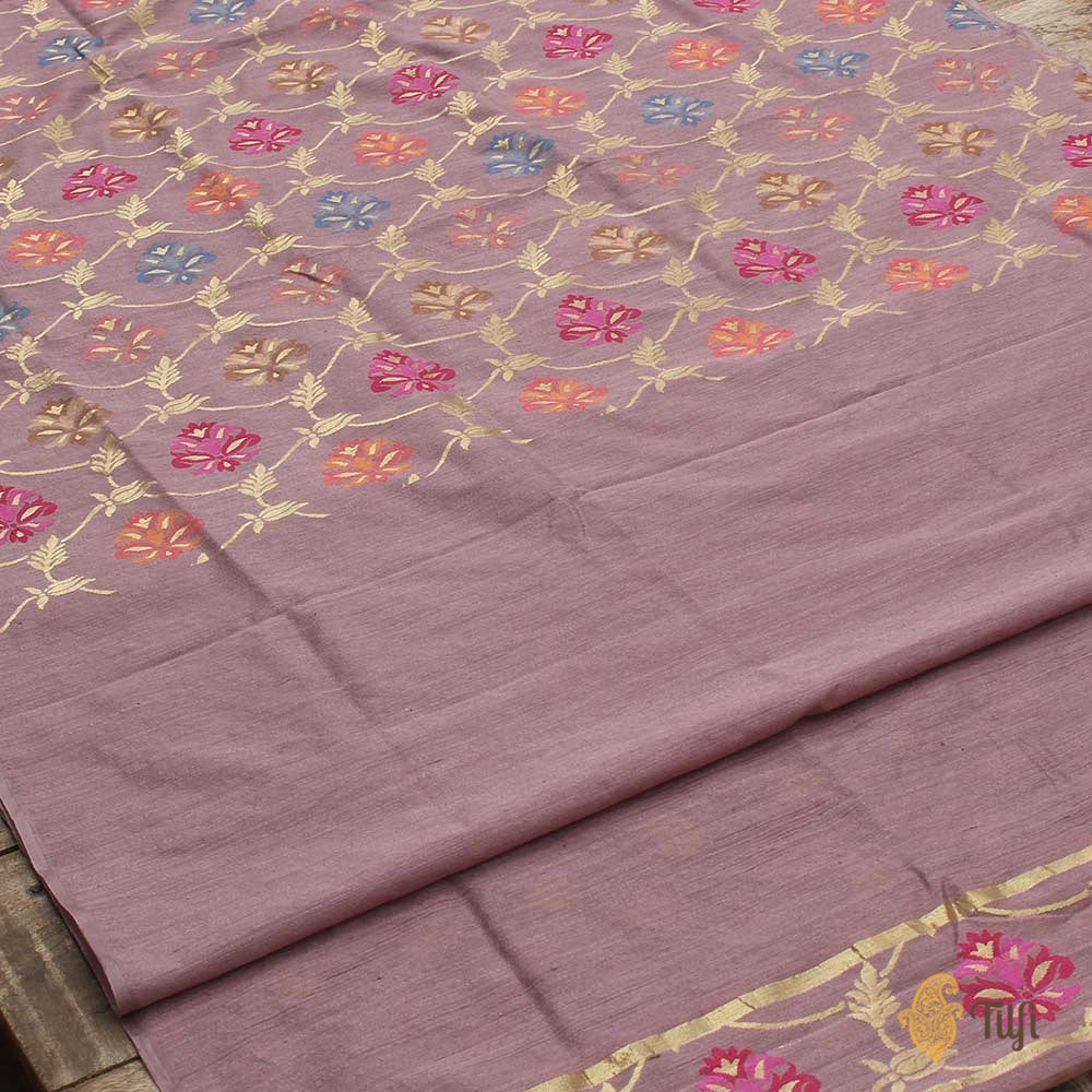 Mauve Pure Kora Net Dupatta &amp; Mauve Pure Dupion Silk Fabric Set