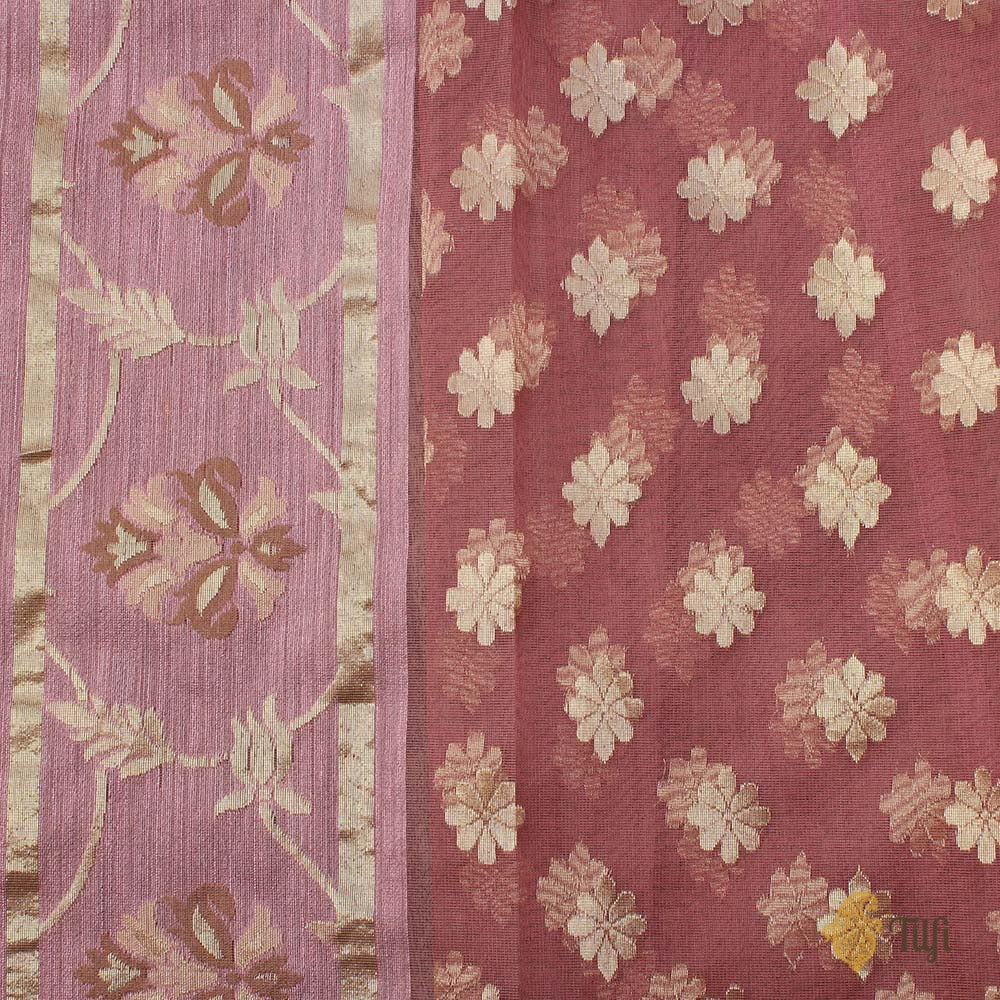 Old Rose Pink Pure Kora Net Dupatta &amp; Old Rose Pink Pure Dupion Silk Fabric Set