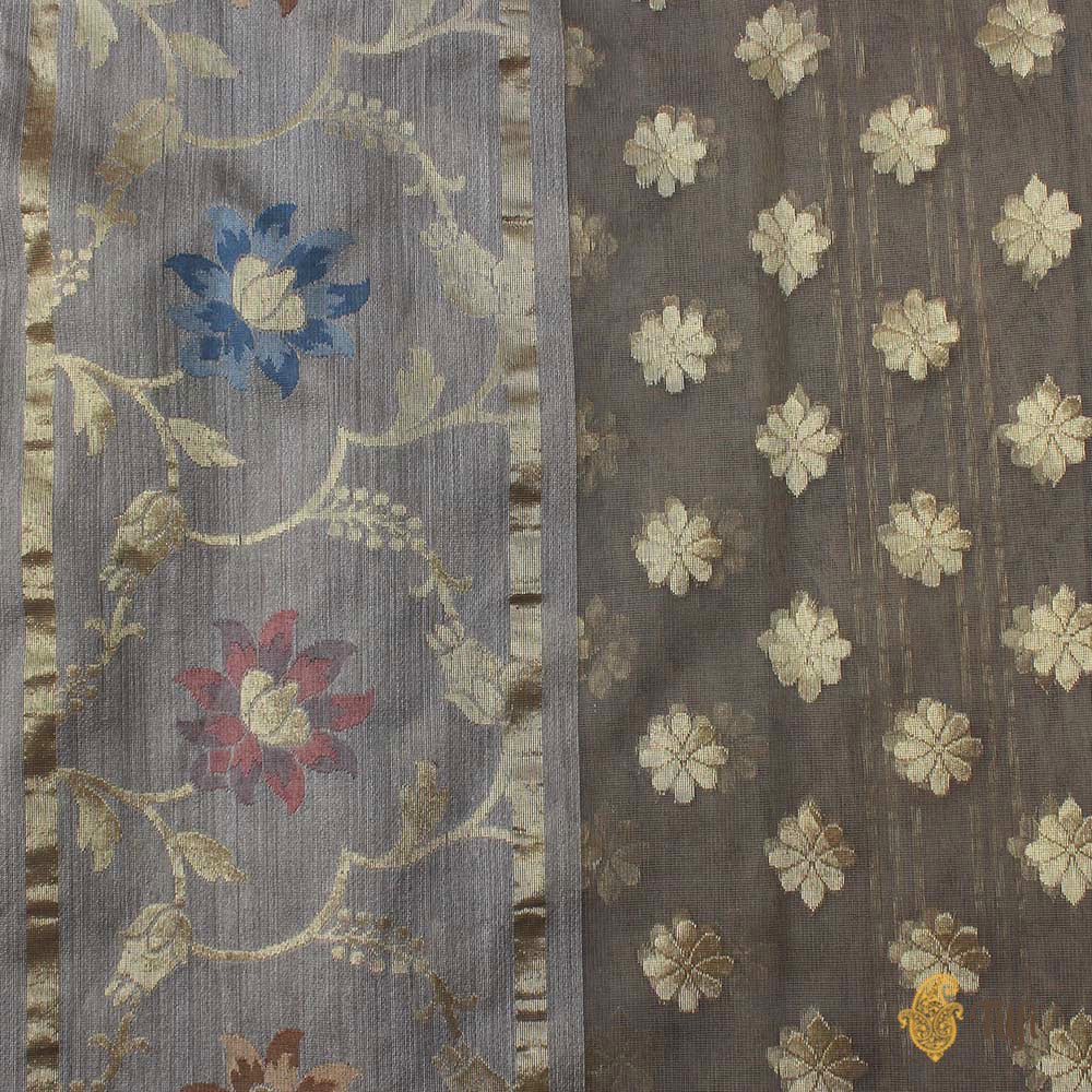 Grey Pure Kora Net Dupatta &amp; Grey Pure Dupion Silk Fabric Set