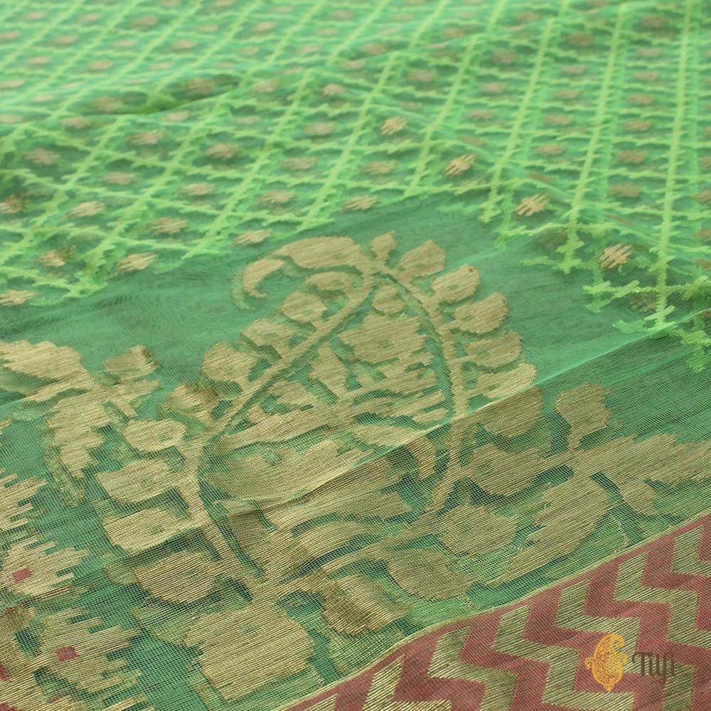Green Pure Kora Net Dupatta &amp; Punch Pink Pure Dupion Silk Net Fabric Set